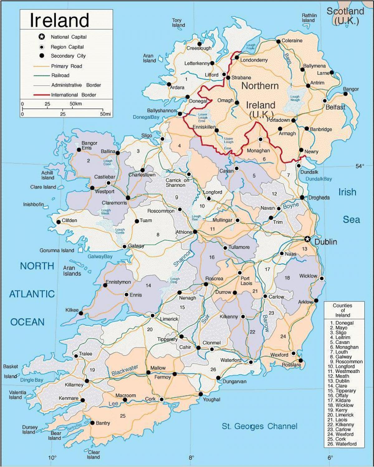 peta dari irlandia yang menunjukkan kota-kota